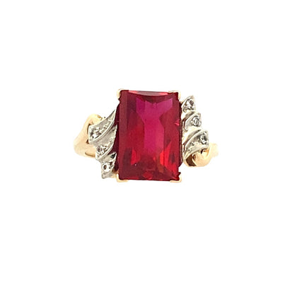 Estate Synthetic Ruby and Simulated Diamond Ring in Yellow Gold