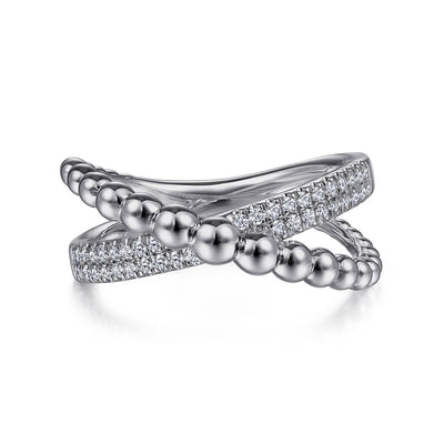 White Sapphire  Cross Over Bujukan Ring in Silver by Gabriel & Co.