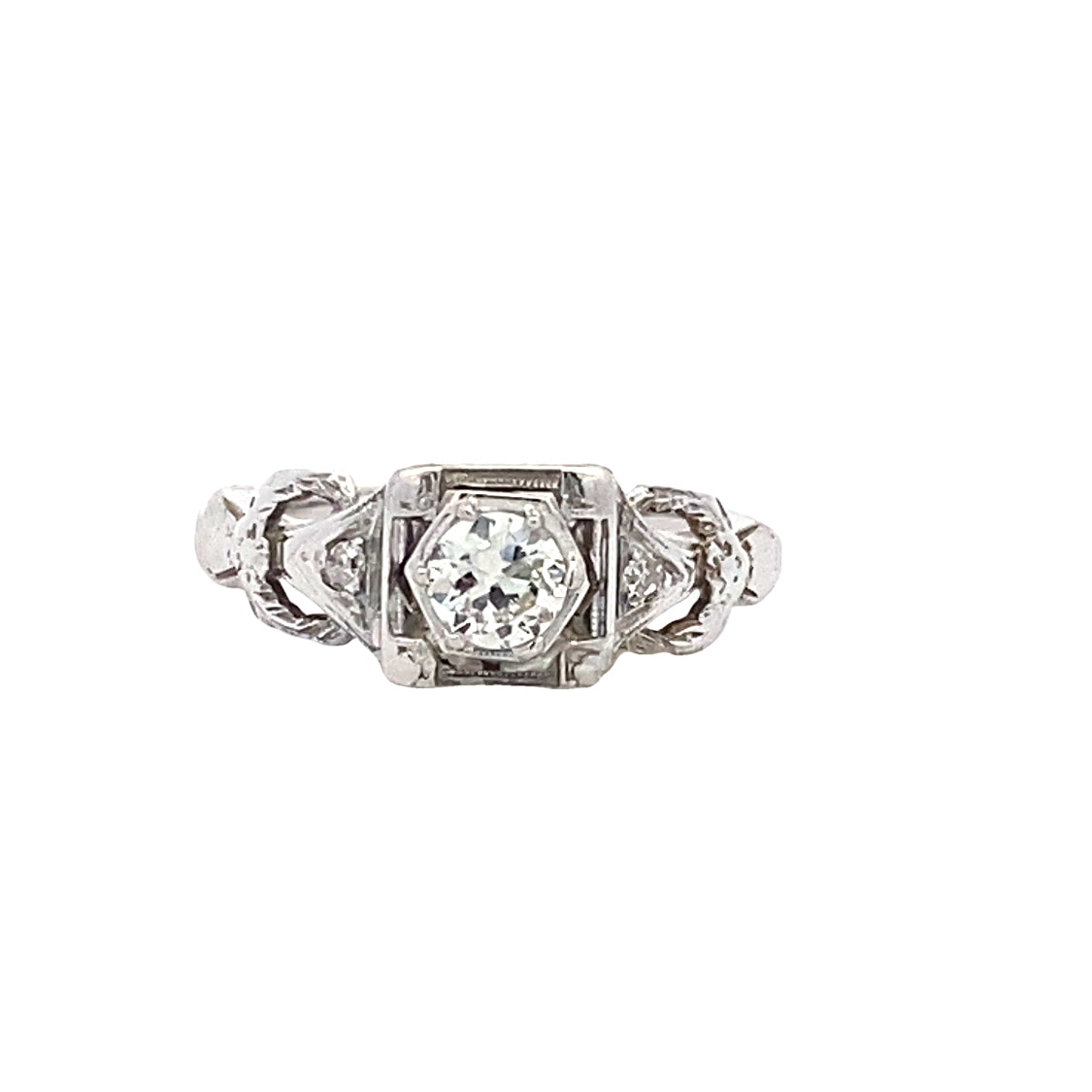 Estate Vintage Inspired Three Stone Engagement Ring in White Gold