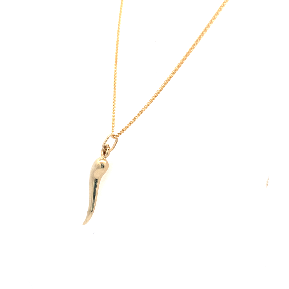 20" 3D Italian Horn Pendant with Wheat Chain in Yellow Gold