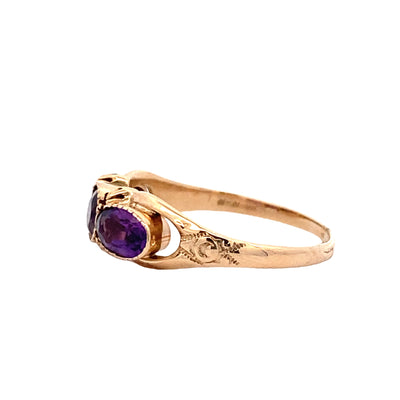 Estate Yellow Gold Three Stone Amethyst Ring