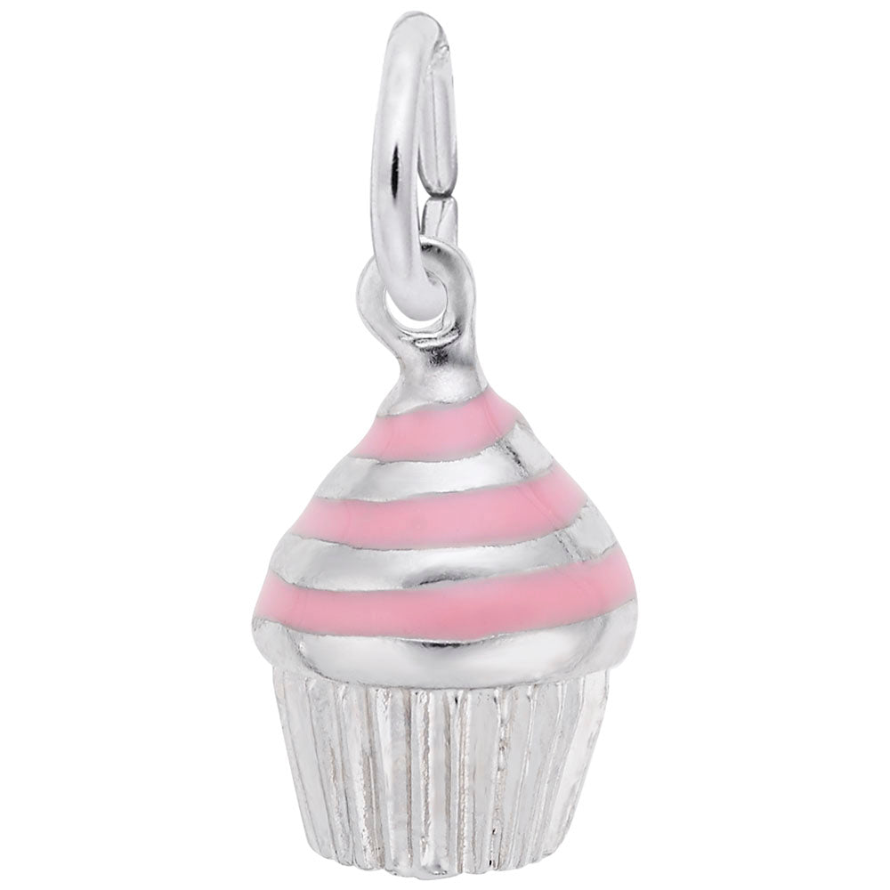 Pink Enamel Swirl Cupcake Charm  in Silver