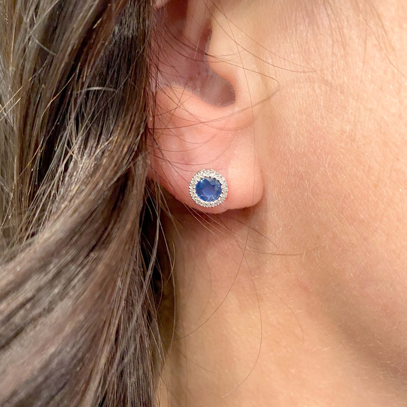 Sapphire and Diamond Halo Stud  Earrings in White Gold