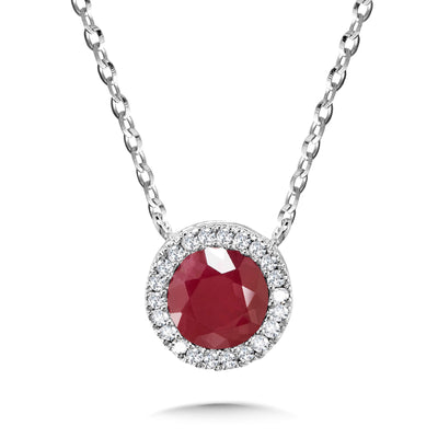 Ruby and Diamond Halo Pendant in White Gold