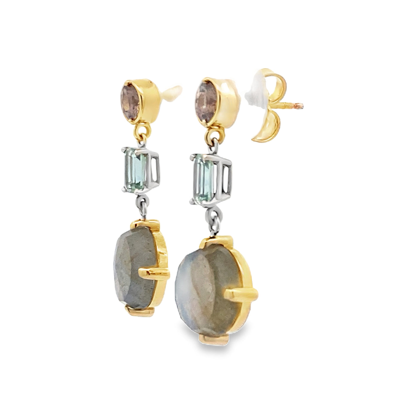 Labradorite and Zircon and Sapphire Earrings in Two-Tone Gold by B&C