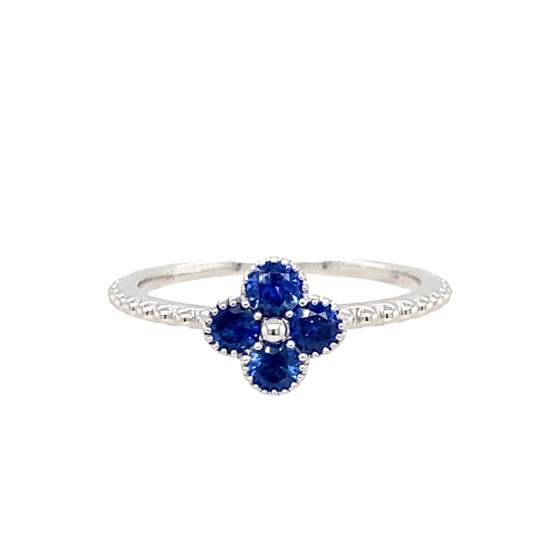 Blue Sapphire Clover Style Ring in White Gold