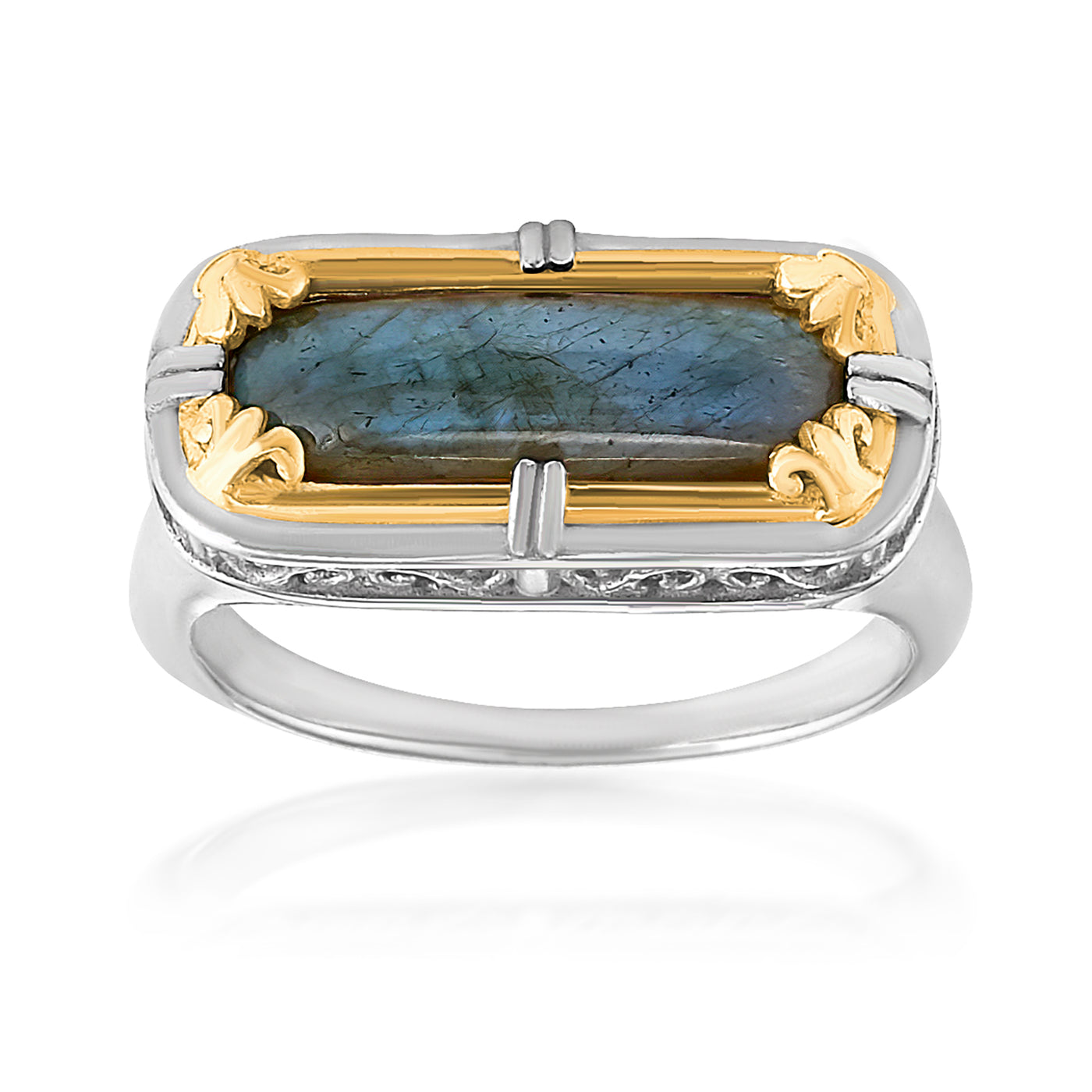 Elongated Labradorite Ring in Two-Tone Gold by Anatoli