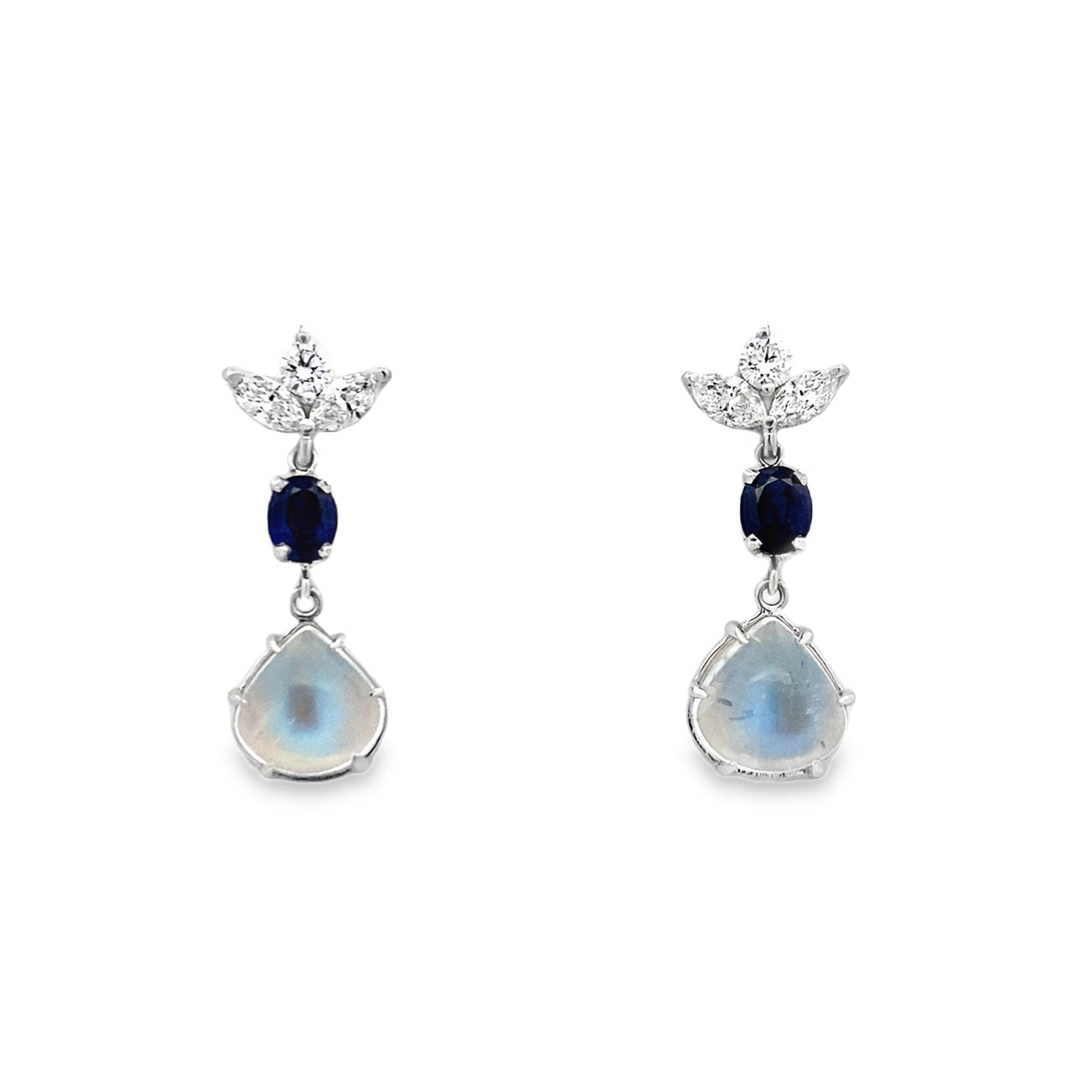 Moonstone, Sapphire and Diamond Drop Earrings in White Gold by B&C