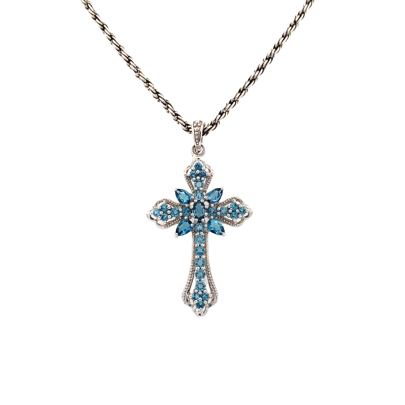 BCJ Estate Jewelry Silver Blue Topaz Cross Pendant