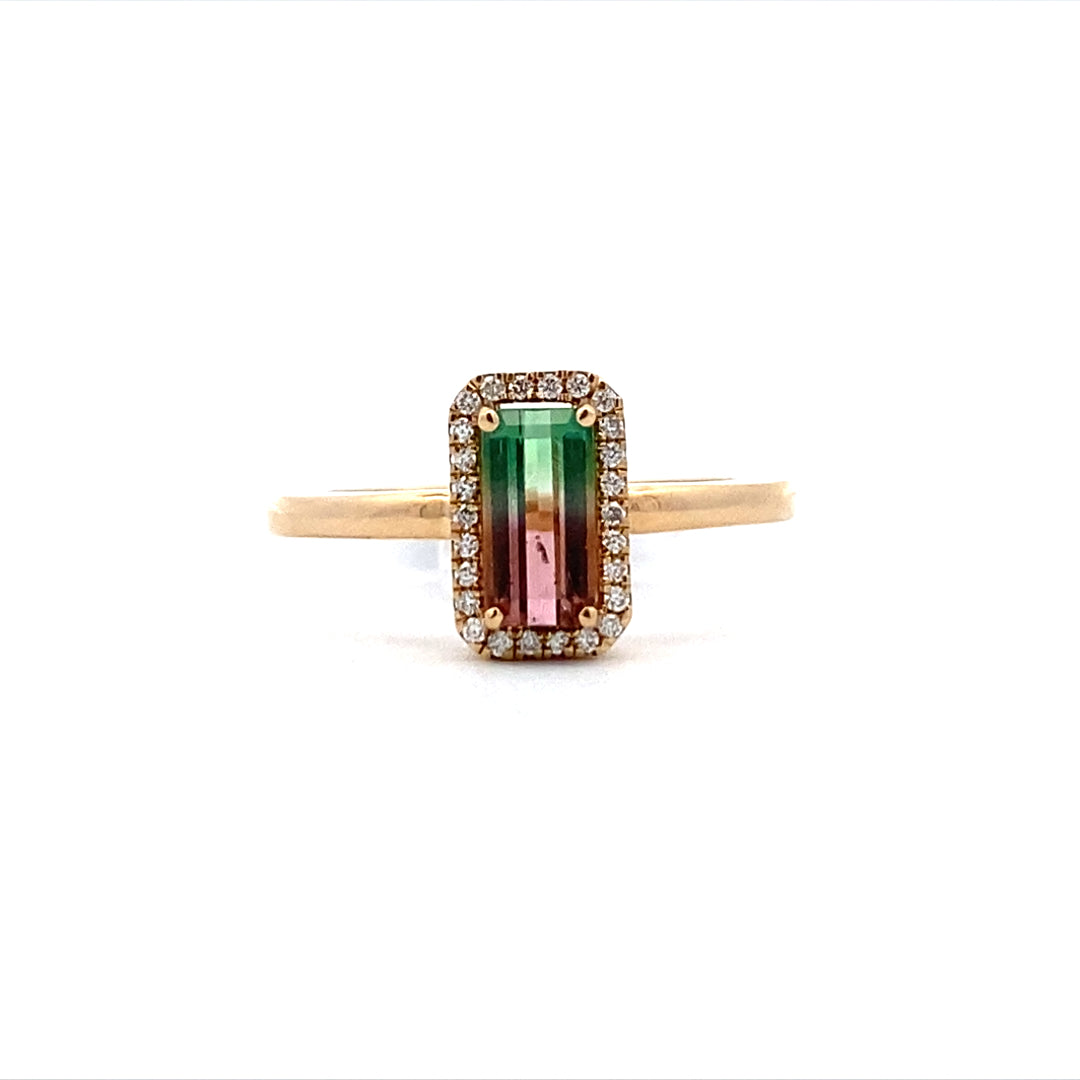 Bi-Color Tourmaline & Diamond Halo Ring in Yellow Gold by Parle