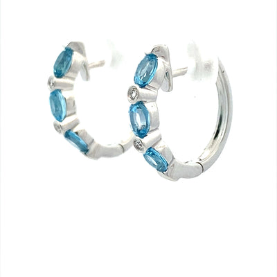 14 KT White Goldt Blue Topaz and Diamond Hoop Earrings TEA2024CBT
