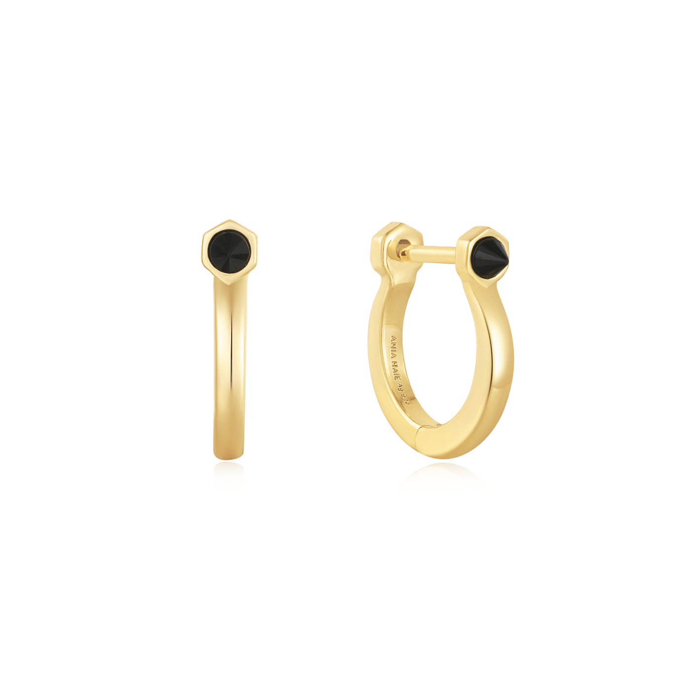 Black Agate Huggie Hoops in Yellow Gold by Ania Haie