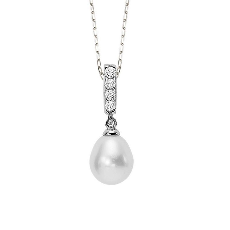 Pearl and CZ Drop Style Necklace in Silver