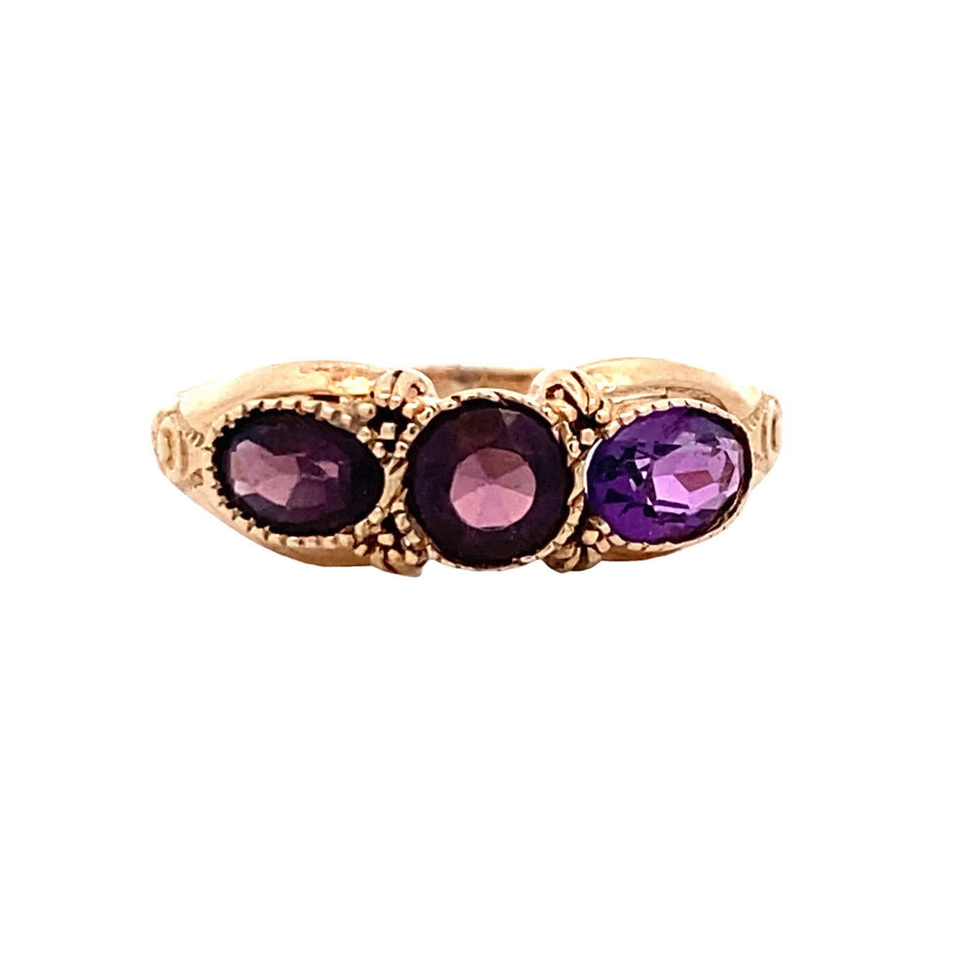 Estate Yellow Gold Three Stone Amethyst Ring