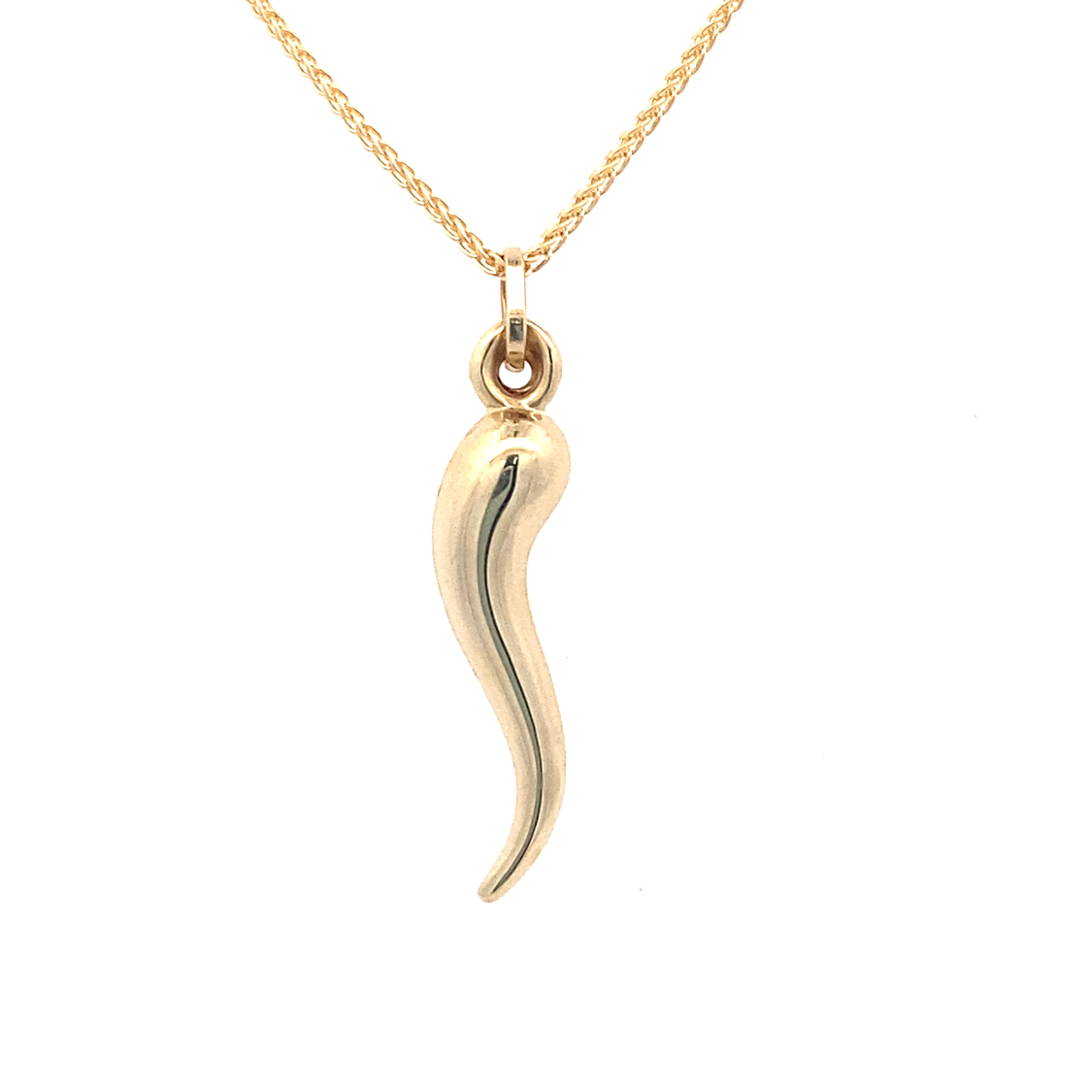 20" 3D Italian Horn Pendant with Wheat Chain in Yellow Gold