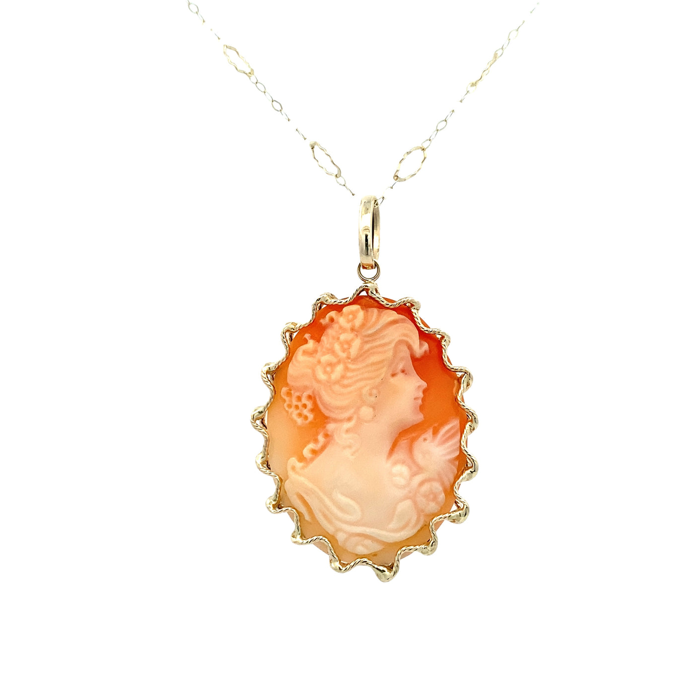 Estate 24" Shell Cameo Pendant in Yellow Gold