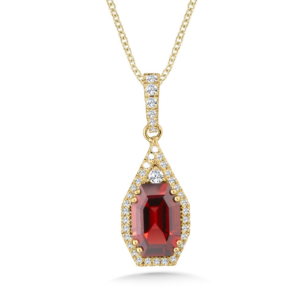 Yellow GOld Garnet and Diamond Halo Drop Perndant