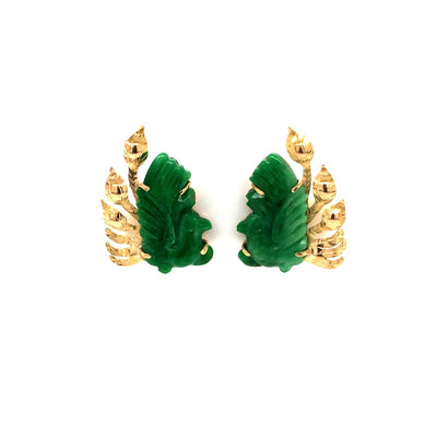 Estate Mings Plumage Carved Jade Earrings in Yellow Gold