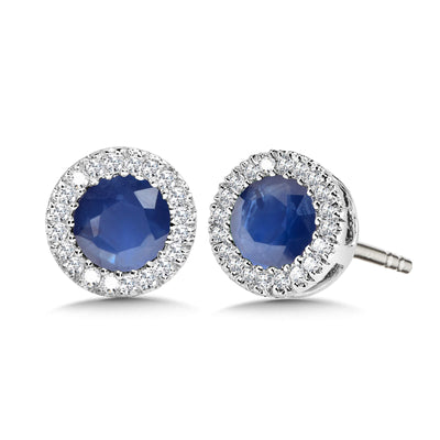 Sapphire and Diamond Halo Stud  Earrings in White Gold