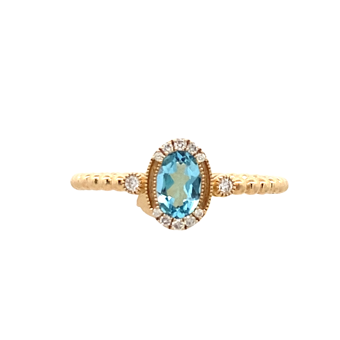 Yellow Gold Blue Topaz & Diamond Beaded Ring