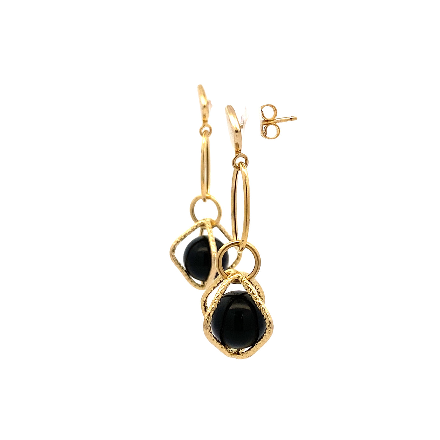 Estate Onyx Bead Drop Earrings in Yellow Gold