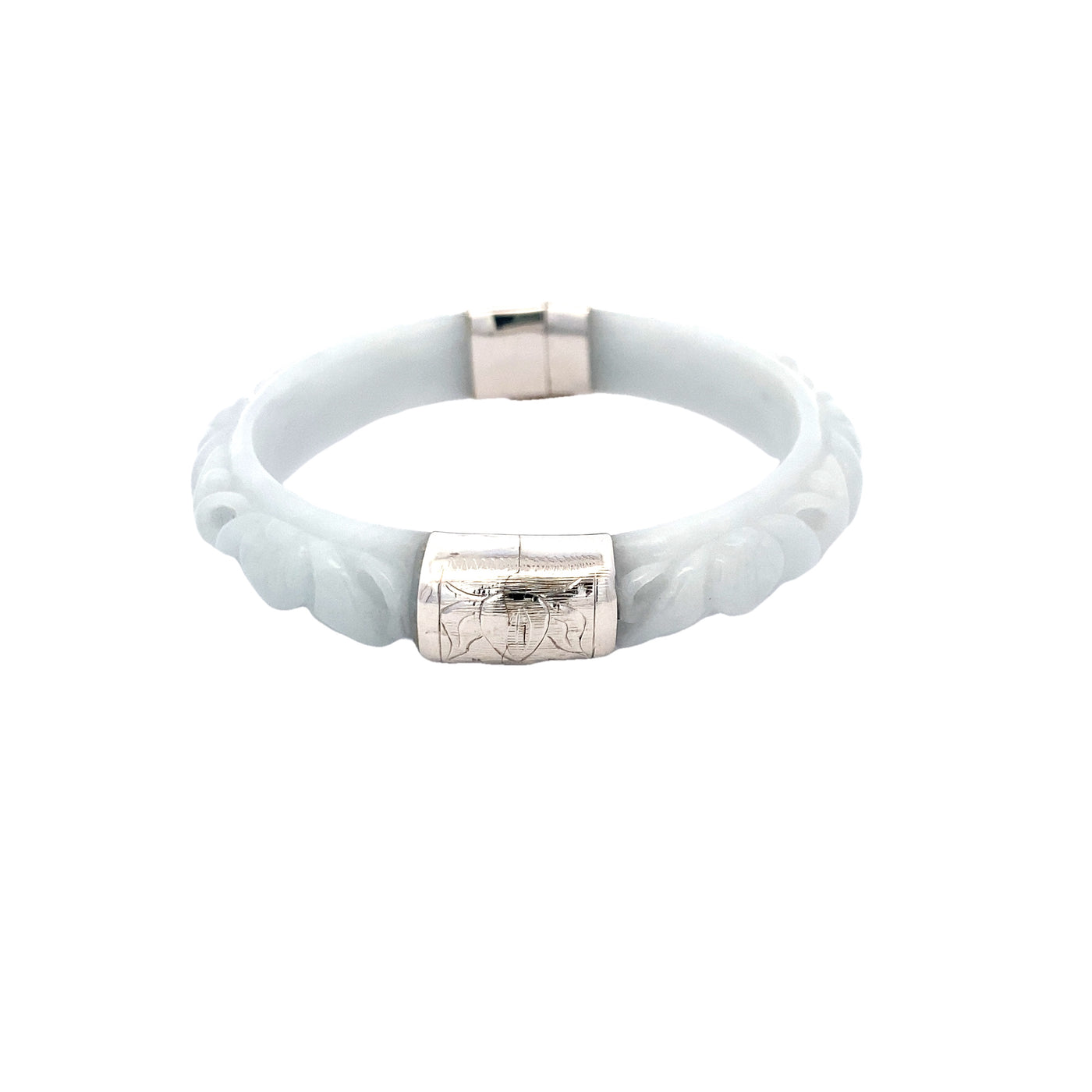 Estate Carved Jade Bangle in White Gold