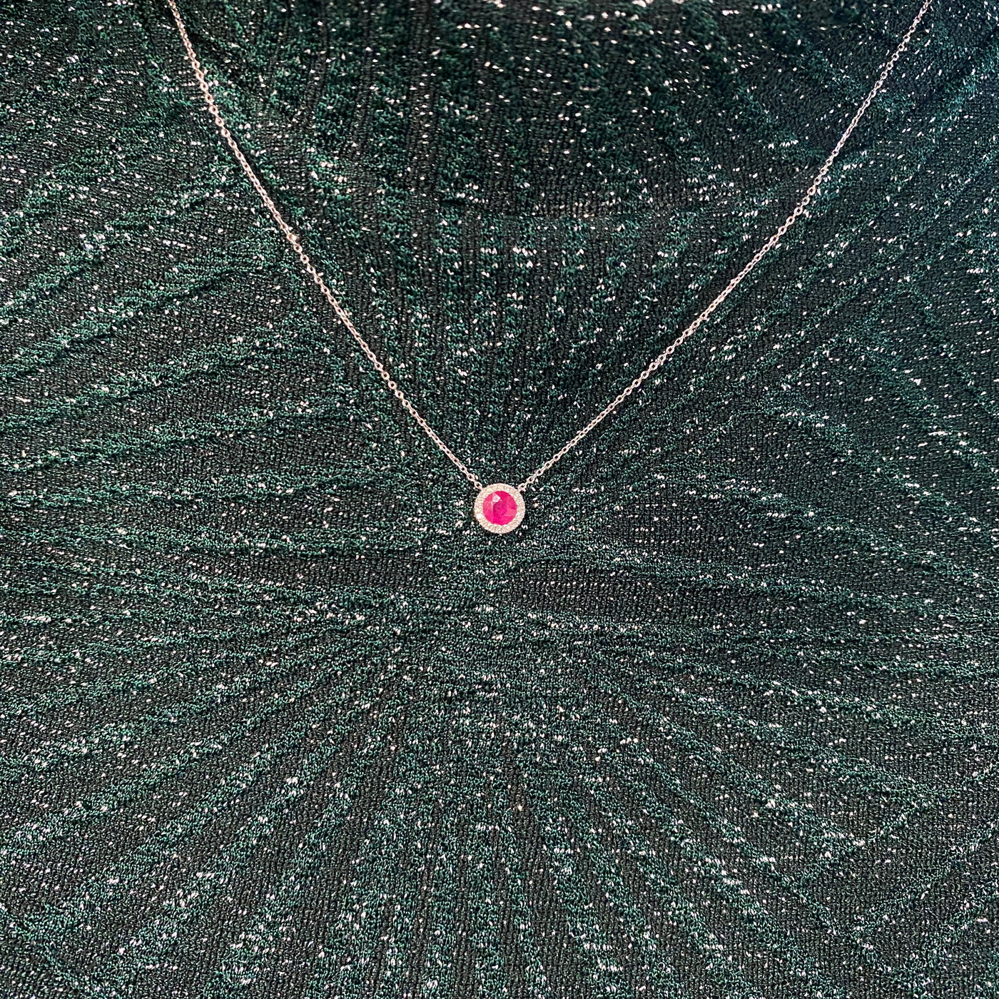 Ruby and Diamond Halo Pendant in White Gold