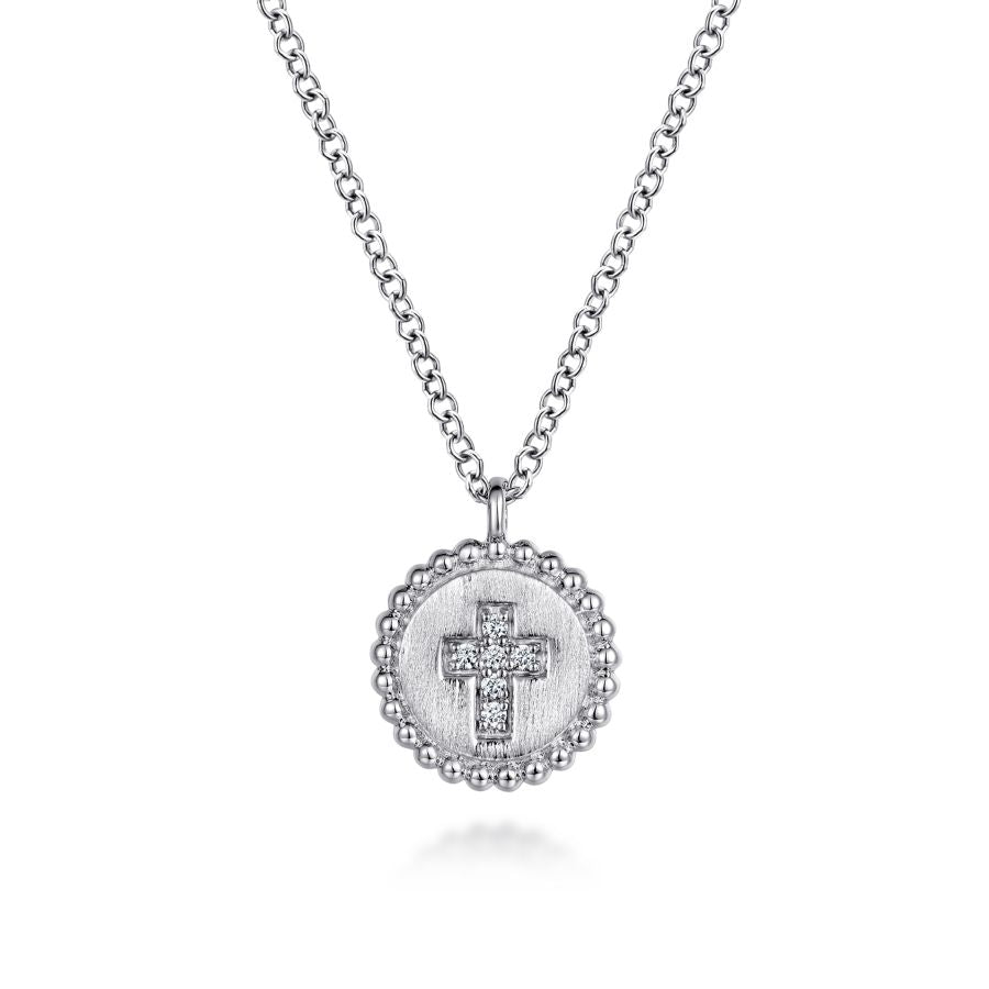 Diamond Cross Medallion Pendant in Silver by Gabriel & Co.