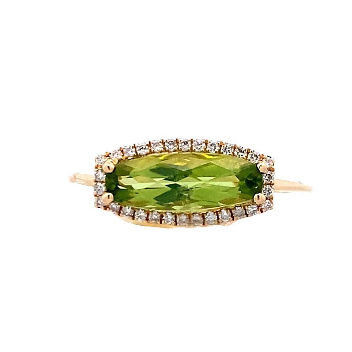 Elongated Peridot and Diamond Ring in Yellow Gold