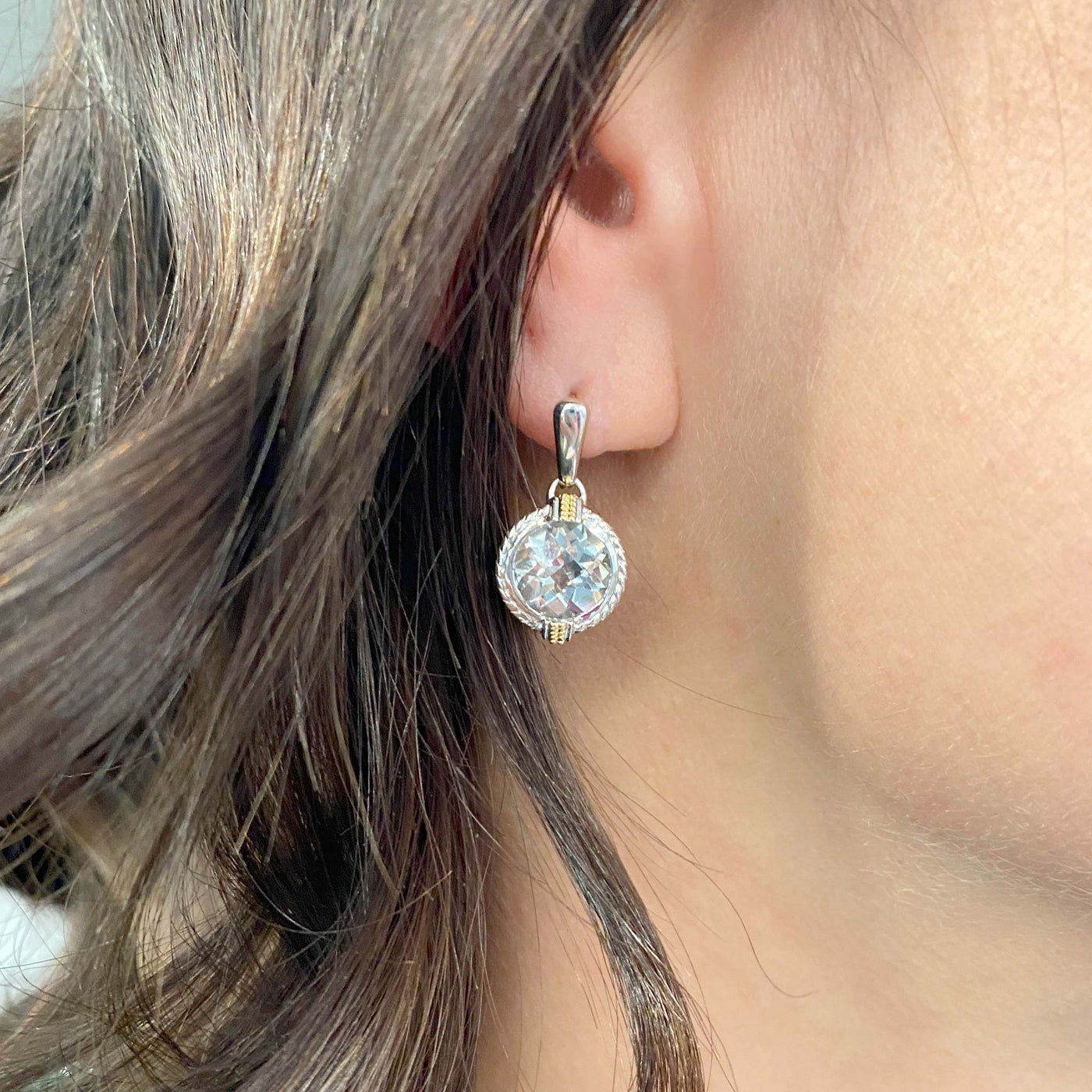 Green Amethyst Halo Studs in Two-Tone Gold by Anatoli