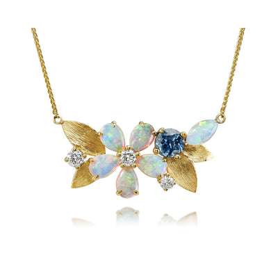 Australian Opal, Montana Sapphire and DIamond Floral Necklace in Yellow Gold by Parle