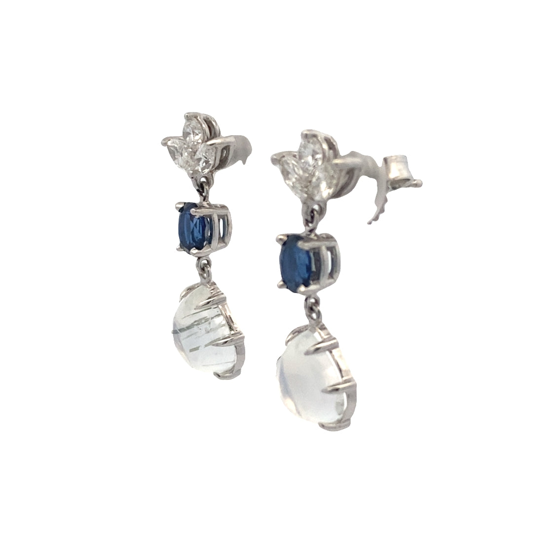 Moonstone, Sapphire and Diamond Drop Earrings in White Gold by B&C