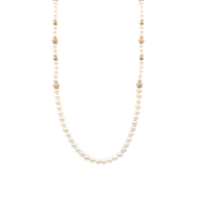 35" FW Pearl and Pyramid Bead Necklace in Yellow Gold by B&C