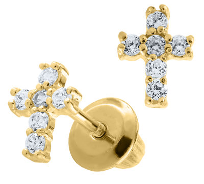 Child's CZ Cross Studs in Yellow Gold