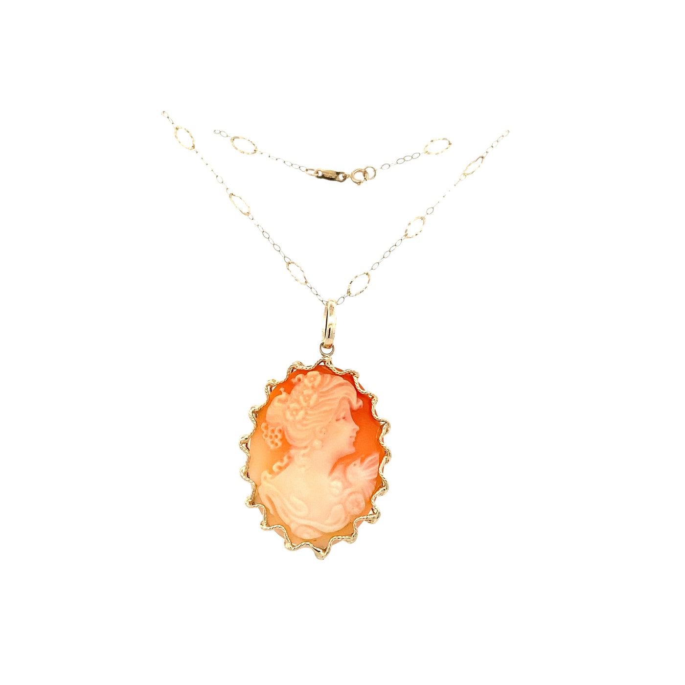 Estate 24" Shell Cameo Pendant in Yellow Gold