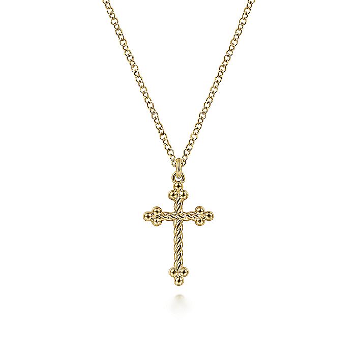 17.5" Twisted and Beaded Cross Pendant in Yellow Gold by Gabriel & Co.