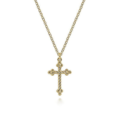 17.5" Twisted and Beaded Cross Pendant in Yellow Gold by Gabriel & Co.