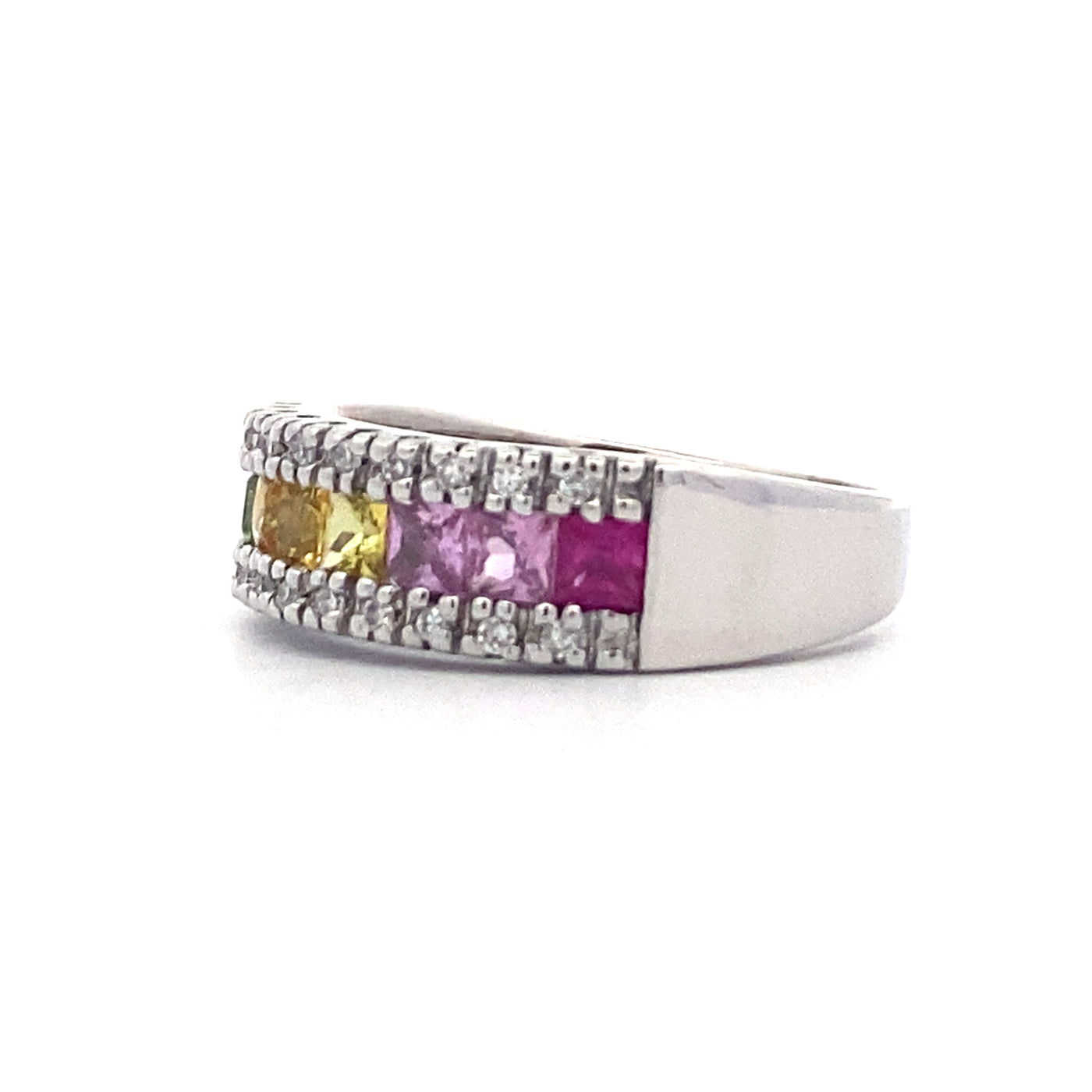 Estate White Gold Rainbow Sapphire & Diamond Ring