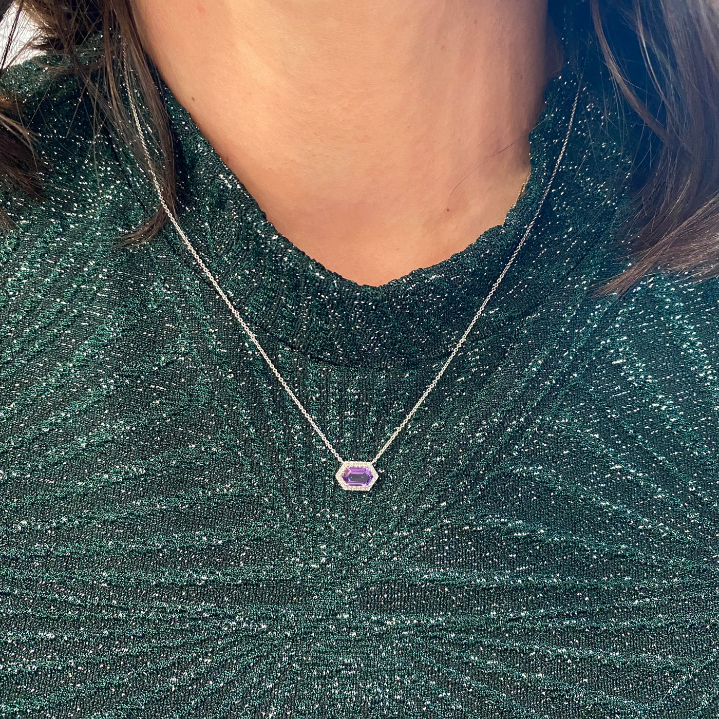 Amethyst and Diamod Halo Necklace in White Gold