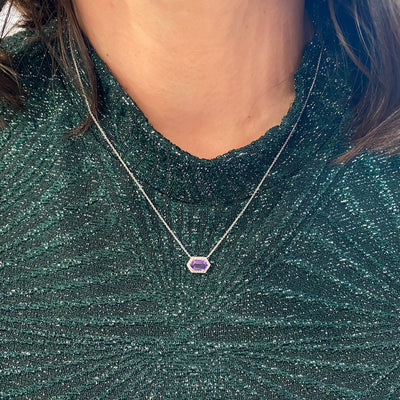 Amethyst and Diamod Halo Necklace in White Gold