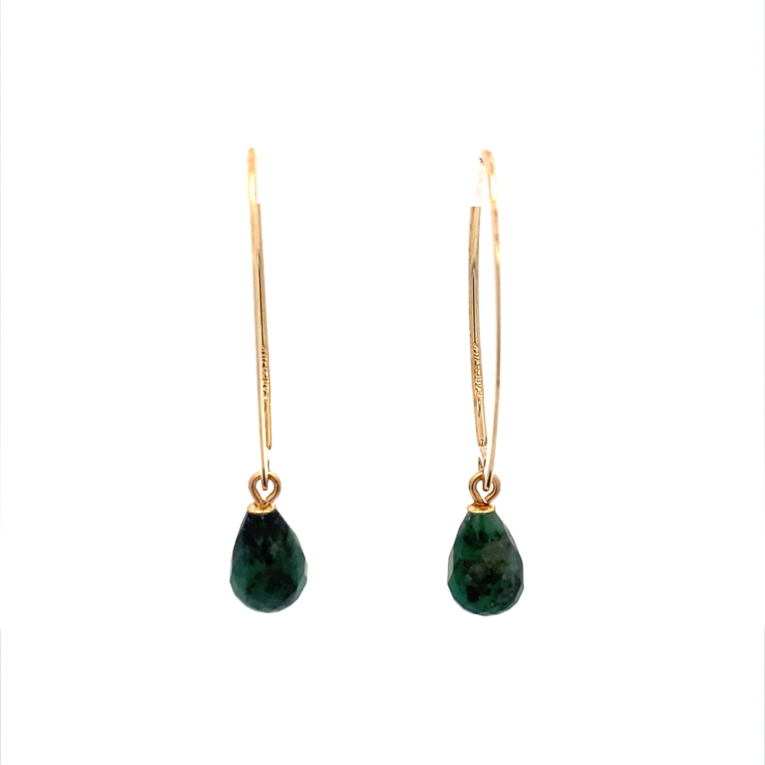 Emerald Briolette Gemstone Earrings in Yellow Gold