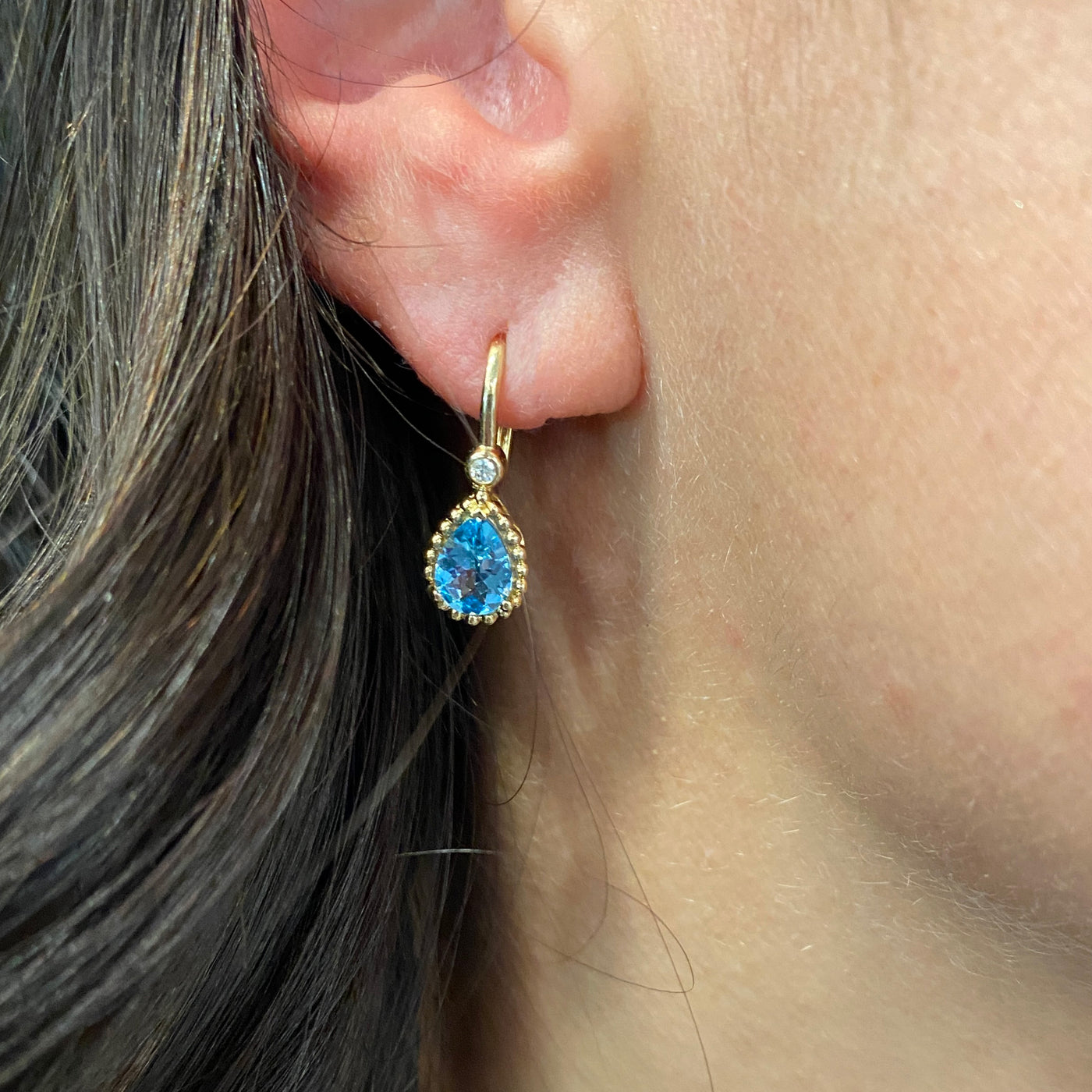 Yellow Gold Drop Earrings Blue Topaz Earrings cgE783Y-DBT