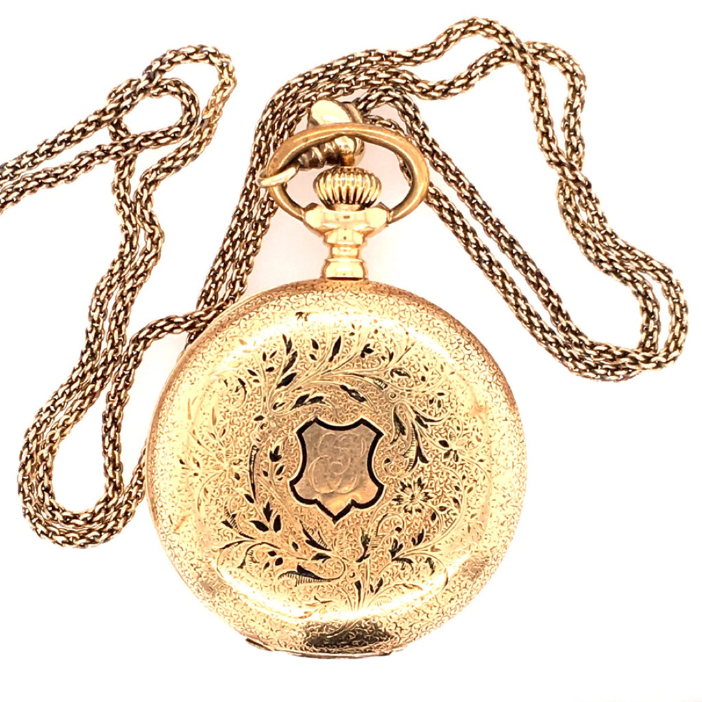 Estate 14K Agassiz Pocket Watch w Chain Beeghly Co