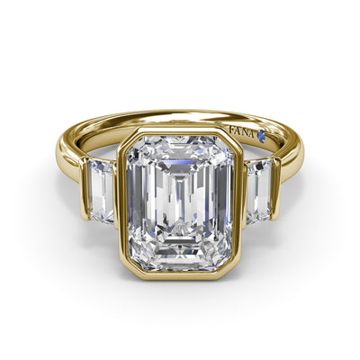 Emerald Cut Diamond Side Stone Engagement Ring in Yellow Gold by Fana