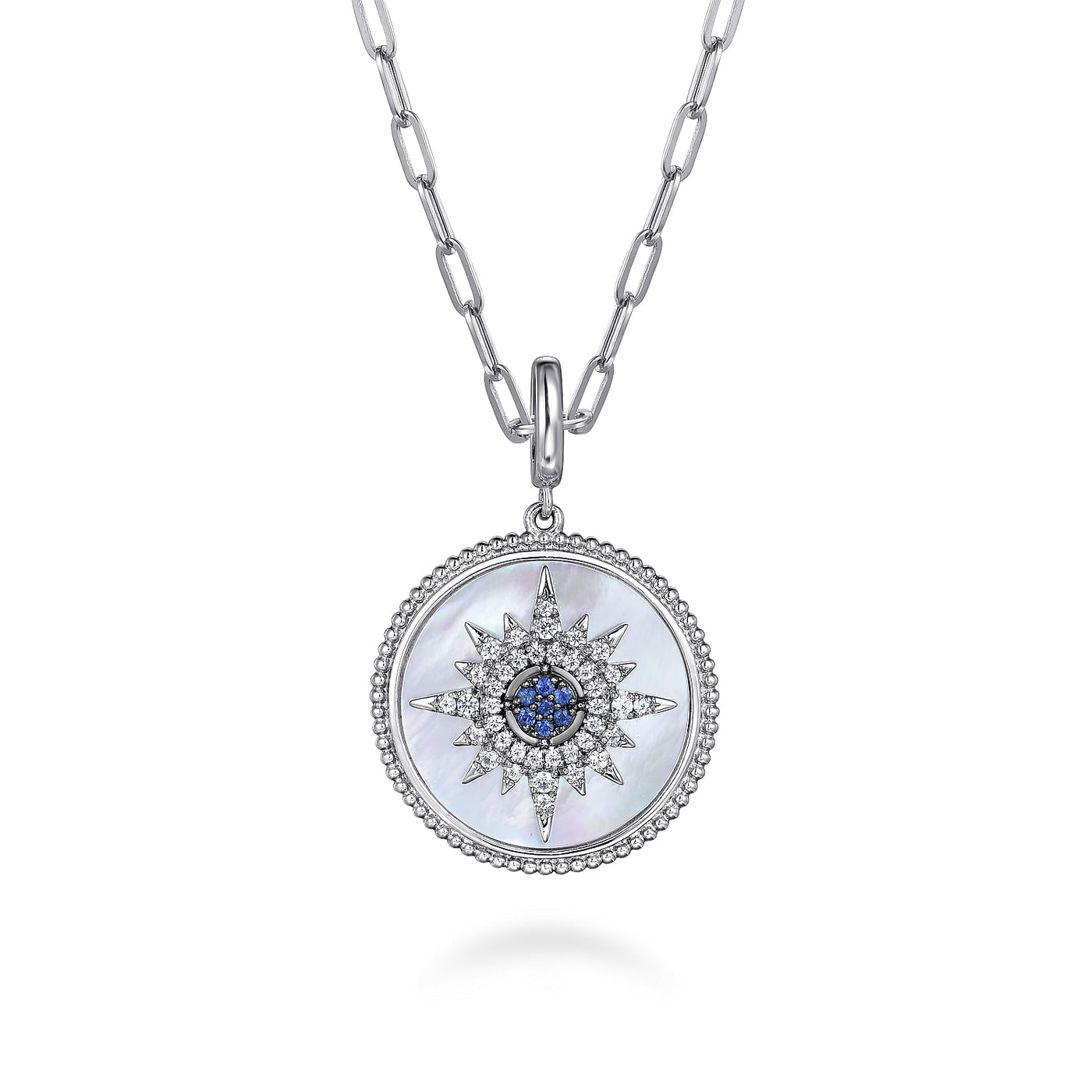 MOP Medallion Pendant with Sapphires in Silver by Gabriel NY