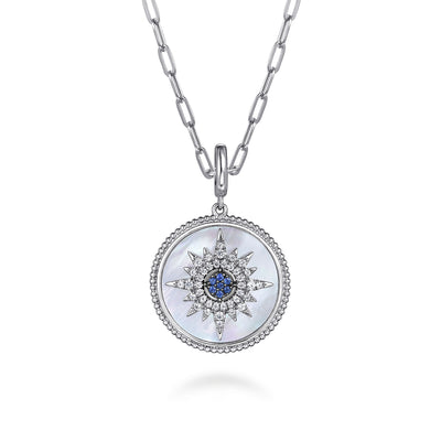 MOP Medallion Pendant with Sapphires in Silver by Gabriel NY