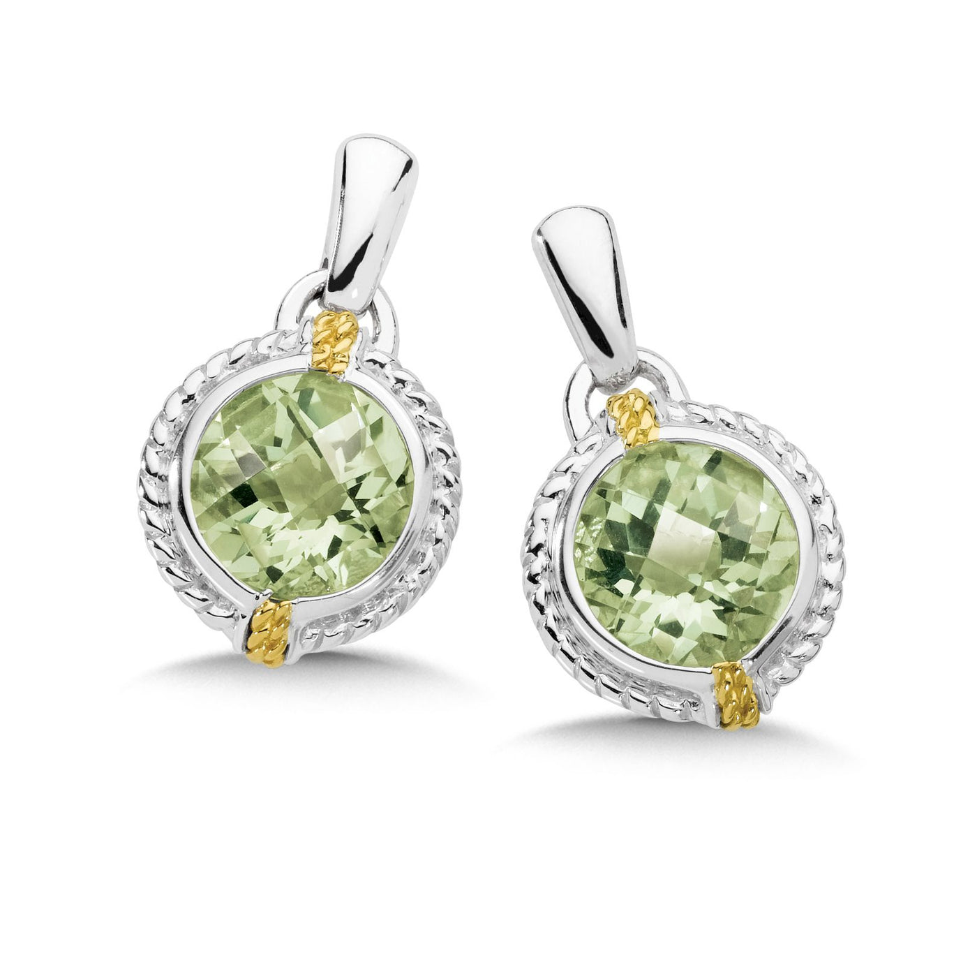 Green Amethyst Halo Studs in Two-Tone Gold by Anatoli