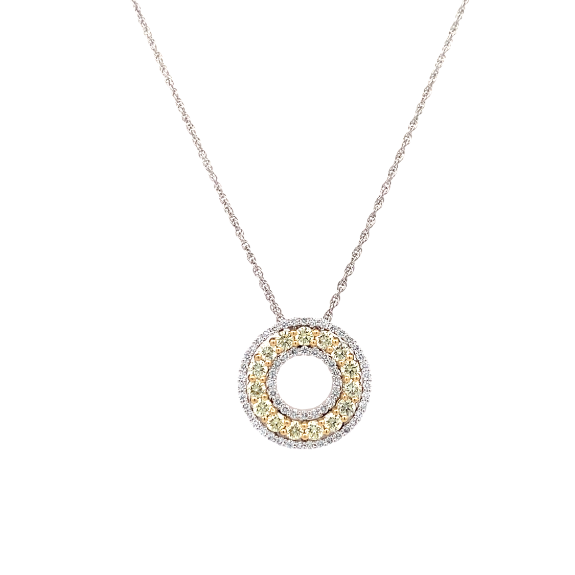 Yellow and White Diamond Circle Pendant in Two-Tone Gold by Allison Kaufman Co.