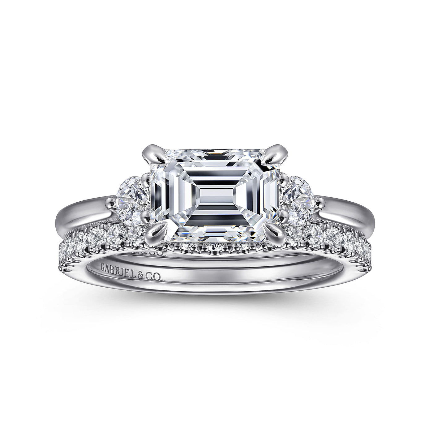 Gabriel & Co. White Gold 3 Stone Emerald  Cut Engagement Ring