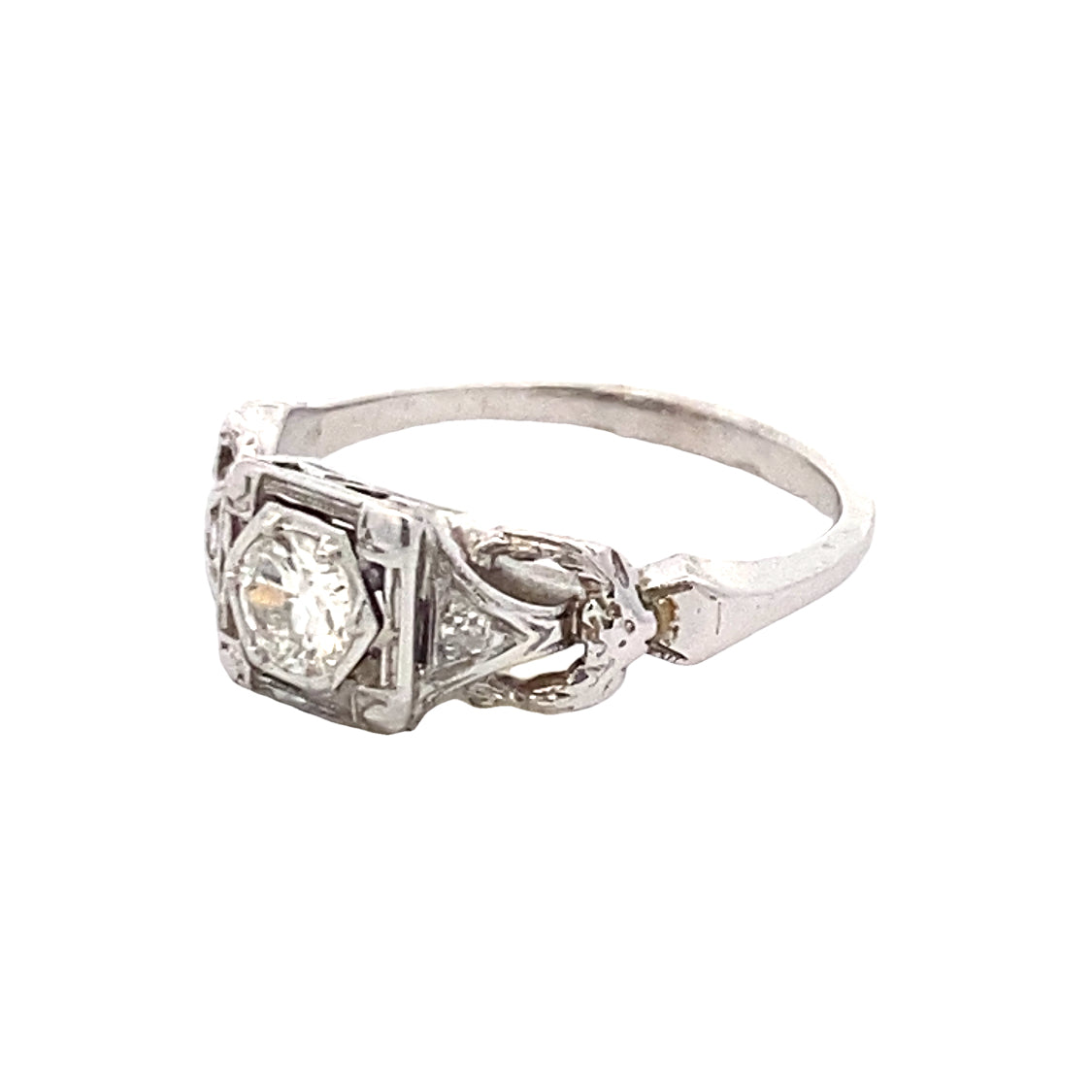 Estate Vintage Inspired Three Stone Engagement Ring in White Gold